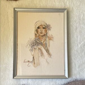 ‘Bride’ Sara Moon Embroidery Art in Silver Frame Vintage